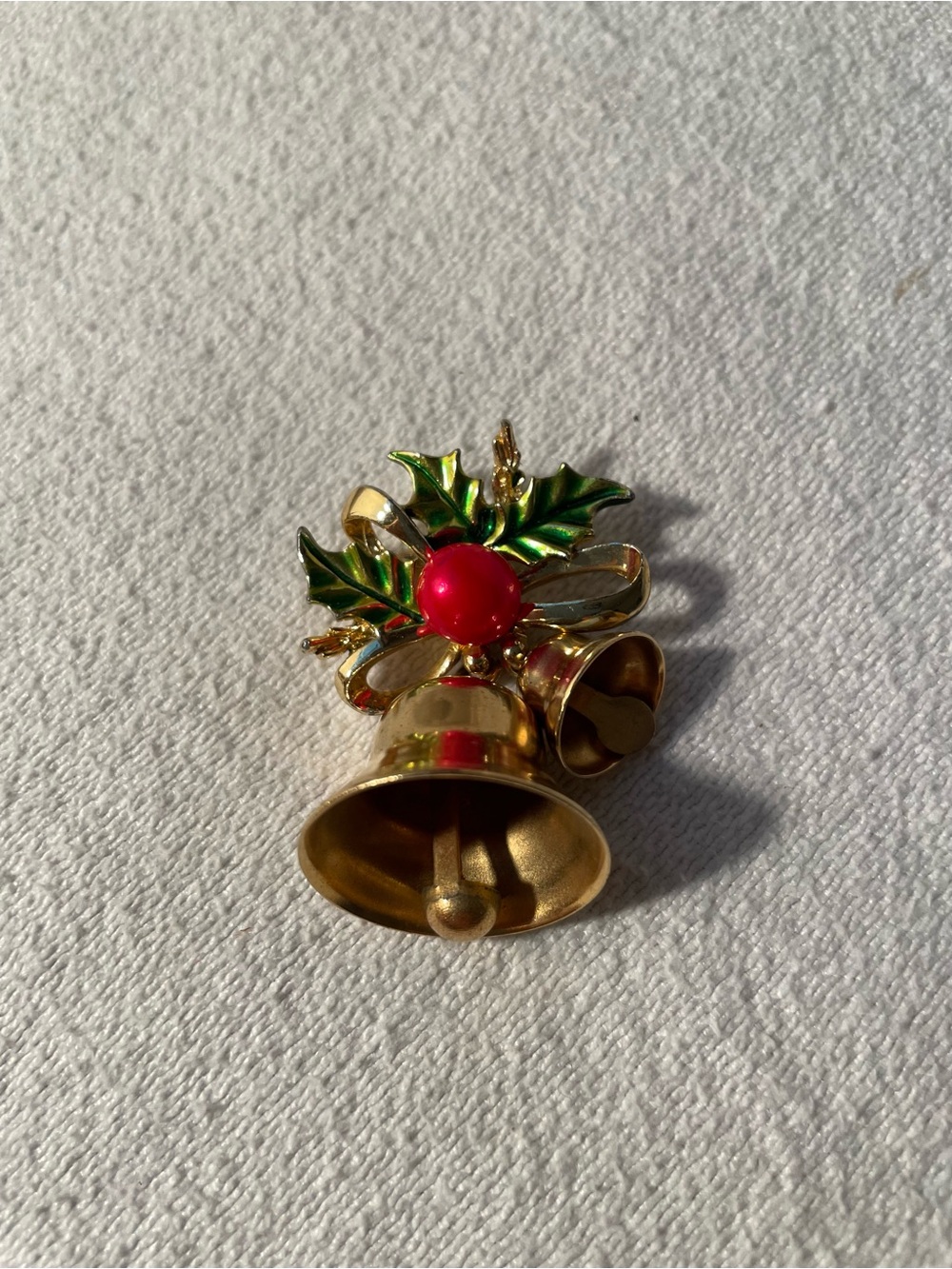 Gold-Tone Holiday Bell Brooch with Red Berry and Green Holly Accents